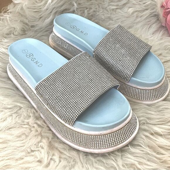 Rhinestone Embellished Slide Platform Sandals 7 - Picture 1 of 8